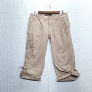 Lucky Brand Floral Embroidered Capri Pants Womens 8/29 Beige Cotton Cuffed Beach